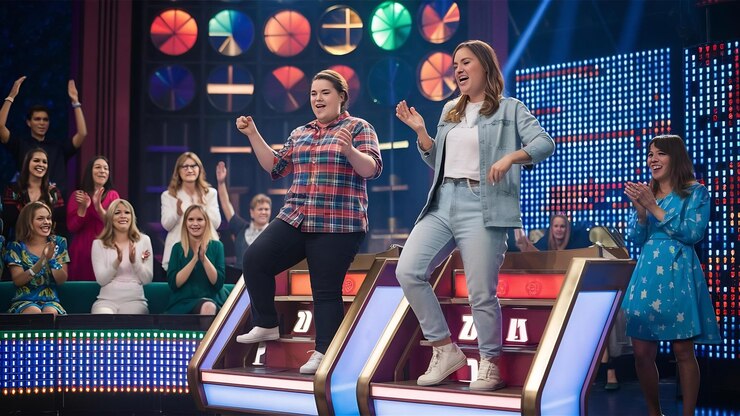 tv-game-show-with-two-participants-stand-tribunes-excited-women-tv-studio-filming-tv-show_926199-2347137